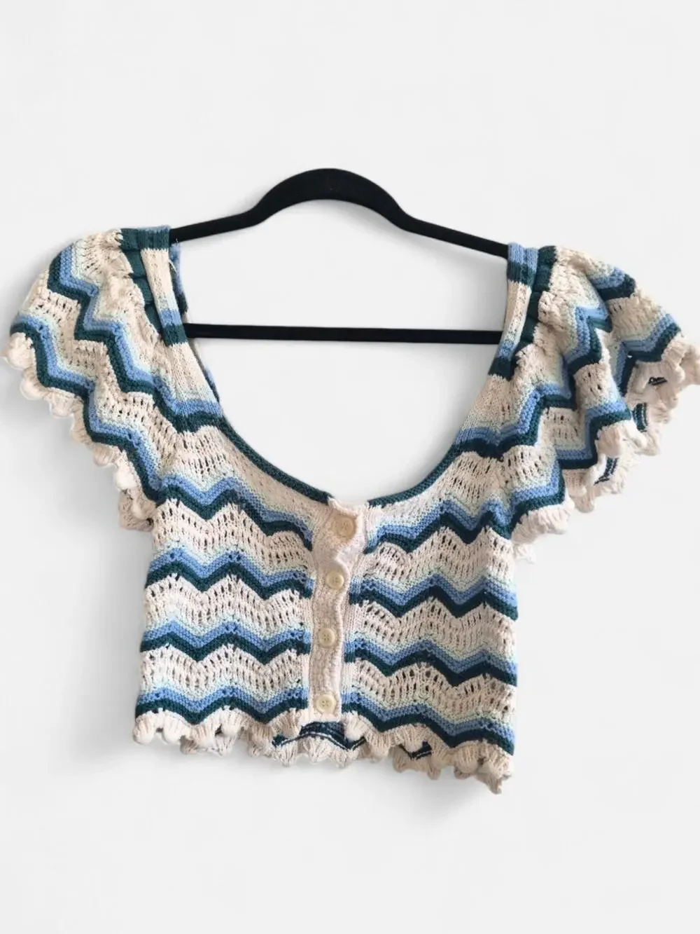 Zara‎ Boho Blue And Cream Striped Crochet Knit Button Up Crop Top